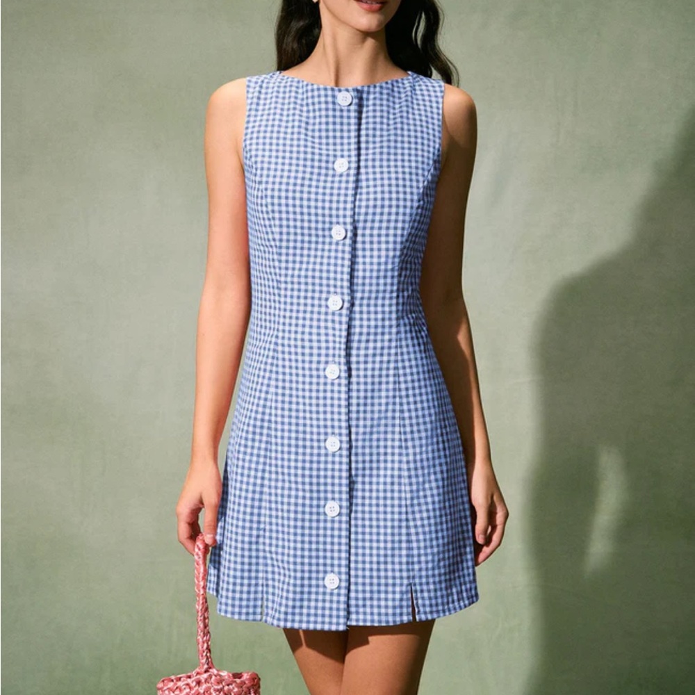 Rihoas Blue Boat Neck Cotton Plaid Mini Dress